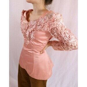 Camille Vintage Formal Pink Satin Lace Pearls Fitted Top Beaded 80's SZ M